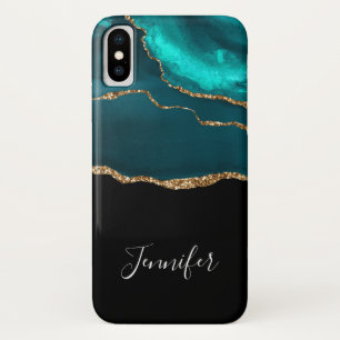 Modern Stylish Teal Agate & Gold Ribbon on Black Case-Mate iPhone Case