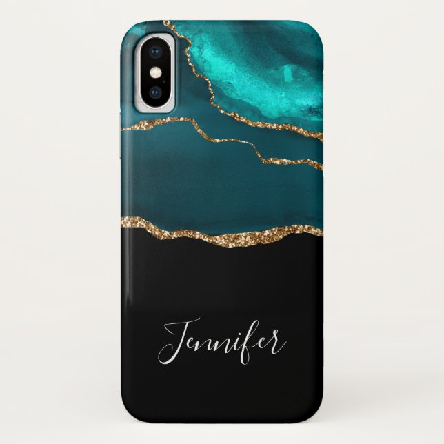 Modern Stylish Teal Agate & Gold Ribbon on Black Case-Mate iPhone Case (Back)