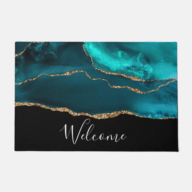 Modern Stylish Teal Agate & Gold Ribbon on Black Doormat (Front)