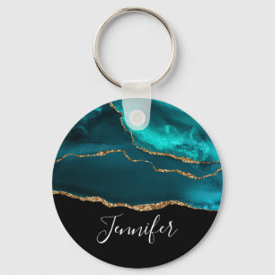 Modern Stylish Teal Agate & Gold Ribbon on Black Keychain