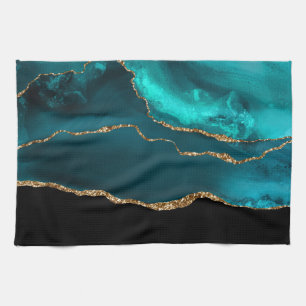 Modern Stylish Teal Agate & Gold Ribbon on Black Kitchen Towel
