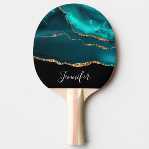 Modern Stylish Teal Agate & Gold Ribbon on Black Ping Pong Paddle