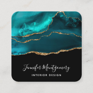 Modern Stylish Teal Agate & Gold Ribbon on Black Square Business Card