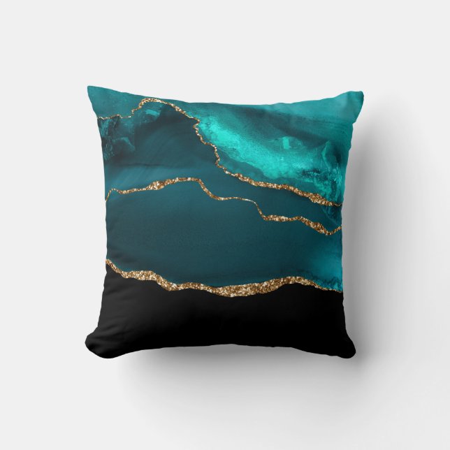 Modern Stylish Teal Agate & Gold Ribbon on Black Throw Pillow (Front)