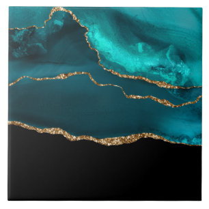 Modern Stylish Teal Agate & Gold Ribbon on Black Tile