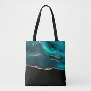 Modern Stylish Teal Agate & Gold Ribbon on Black Tote Bag