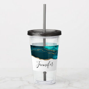 Modern Stylish Teal Agate & Gold Ribbon on White Acrylic Tumbler
