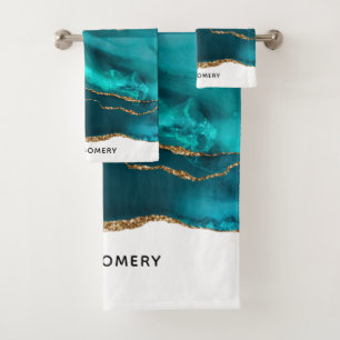 Modern Stylish Teal Agate & Gold Ribbon on White Bath Towel Set