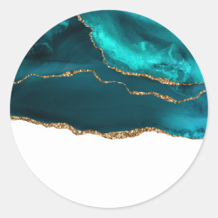 Modern Stylish Teal Agate & Gold Ribbon on White Classic Round Sticker