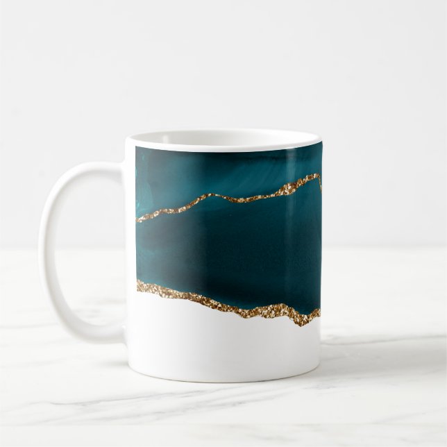 Modern Stylish Teal Agate & Gold Ribbon on White Coffee Mug (Left)