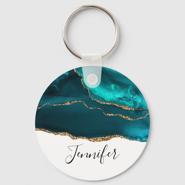 Modern Stylish Teal Agate & Gold Ribbon on White Keychain (Front)