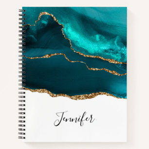 Modern Stylish Teal Agate & Gold Ribbon on White Notebook