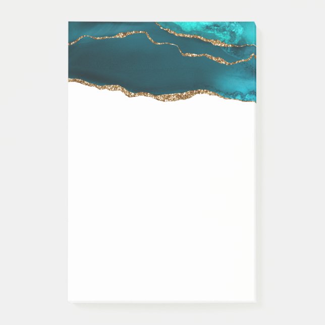 Modern Stylish Teal Agate & Gold Ribbon on White Post-it Notes (Front)
