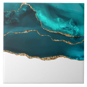 Modern Stylish Teal Agate & Gold Ribbon on White Tile