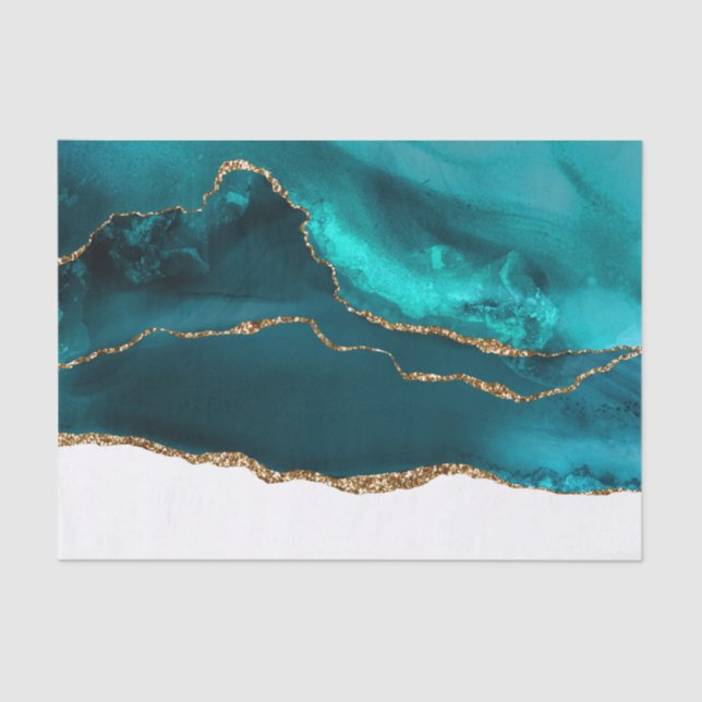 Modern Stylish Teal Agate & Gold Ribbon on White Tissue Paper (Front)