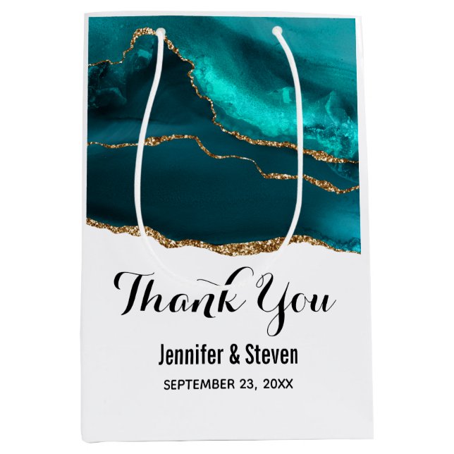 Modern Stylish Teal Agate & Gold Ribbon Thank You Medium Gift Bag (Front)