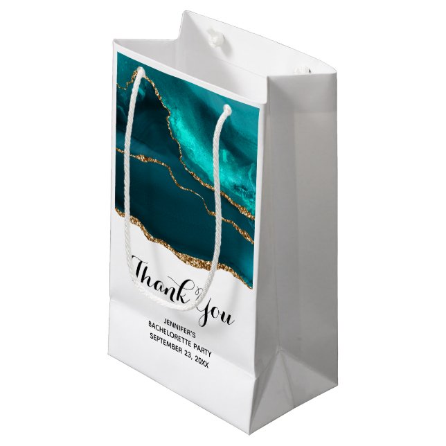 Modern Stylish Teal Agate & Gold Ribbon Thank You Small Gift Bag (Front Angled)