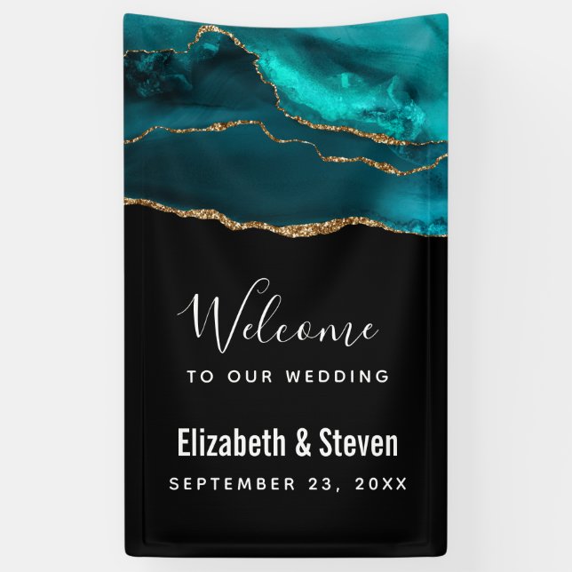 Modern Stylish Teal Agate & Gold Ribbon Wedding Banner (Vertical)