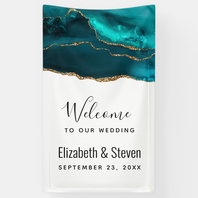 Modern Stylish Teal Agate & Gold Ribbon Wedding Banner (Vertical)