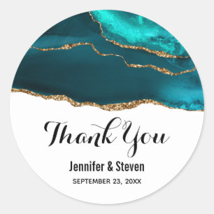 Modern Stylish Teal Agate & Gold Ribbon Wedding Classic Round Sticker