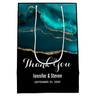 Modern Stylish Teal Agate & Gold Ribbon Wedding Medium Gift Bag