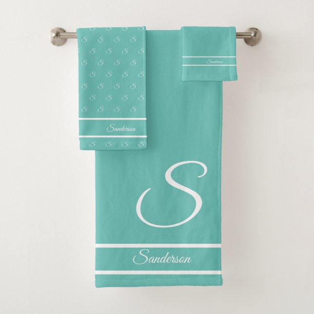  Modern Stylish Teal Blue and White Monogram Bath  Towel Set (Insitu)