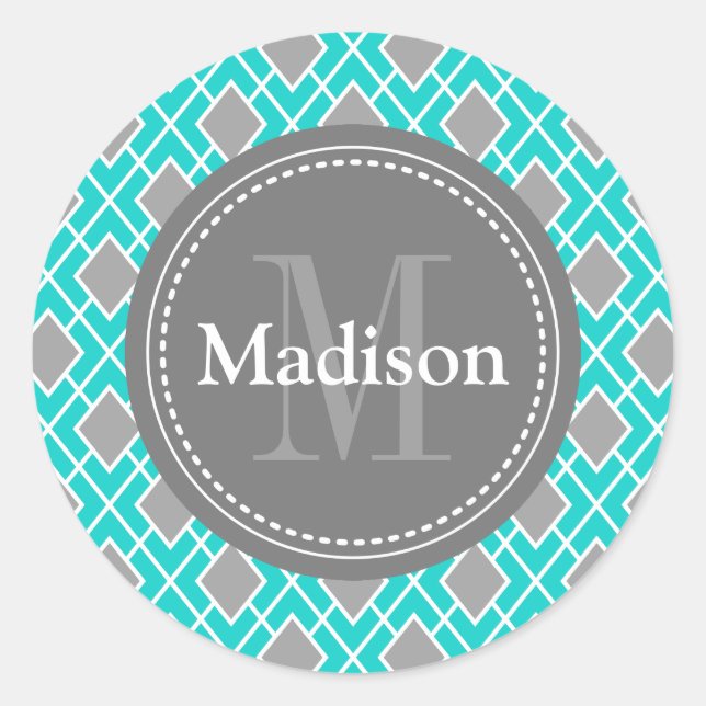 Modern Stylish Teal Blue Grey Diamond Pattern Classic Round Sticker (Front)