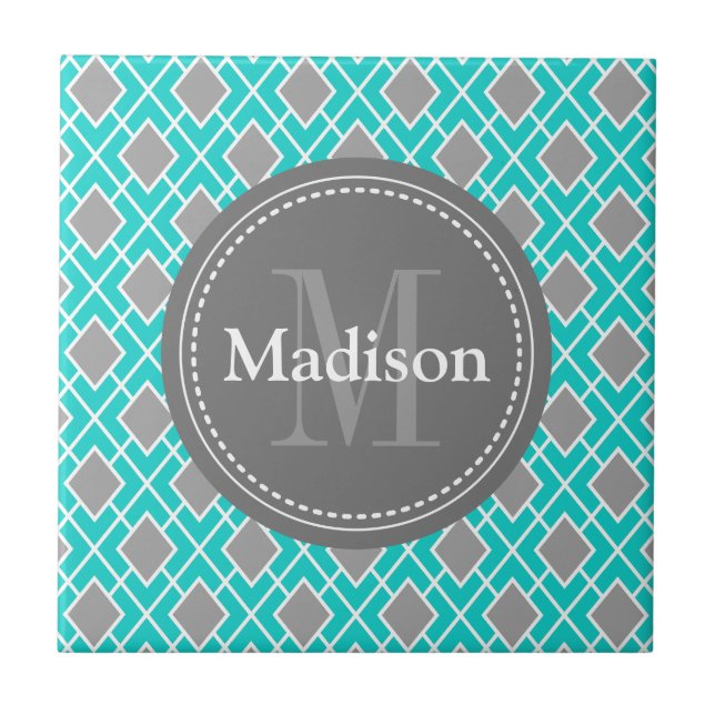Modern Stylish Teal Blue Grey Diamond Pattern Tile (Front)