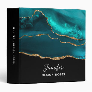 Modern Stylish Teal & Gold Agate on Black Binder