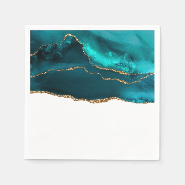 Modern Stylish Teal & Gold Agate on White Napkin (Front)