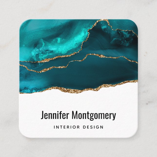 Modern Stylish Teal & Gold Agate on White Square Business Card (Front)
