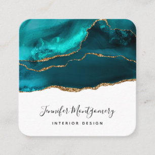 Modern Stylish Teal & Gold Agate on White Square Business Card