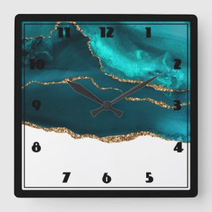Modern Stylish Teal & Gold Agate on White Square Wall Clock