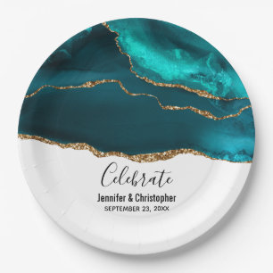 Modern Stylish Teal & Gold Agate on White Wedding Paper Plate