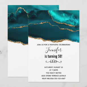 Modern Stylish Teal Gold & White Agate Birthday Invitation