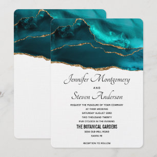 Modern Stylish Teal Gold & White Agate Wedding Invitation