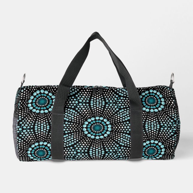 Modern Stylish Teal on Black Popular Dot Art  Duffle Bag (Back)