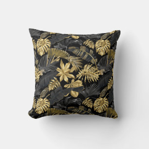 Modern Stylish Trendy Black Gold Tropical Pattern Throw Pillow