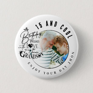 Modern Stylish Typography Grandson Birthday Photo 2 Inch Round Button