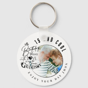 Modern Stylish Typography Grandson Birthday Photo Keychain