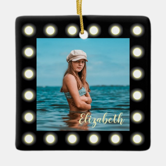 Modern Stylish Unique Black Square Photo Frame Ceramic Ornament (Front)