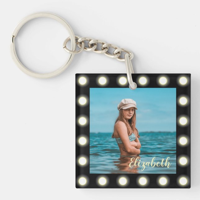 Modern Stylish Unique Black Square Photo Frame Keychain (Front)