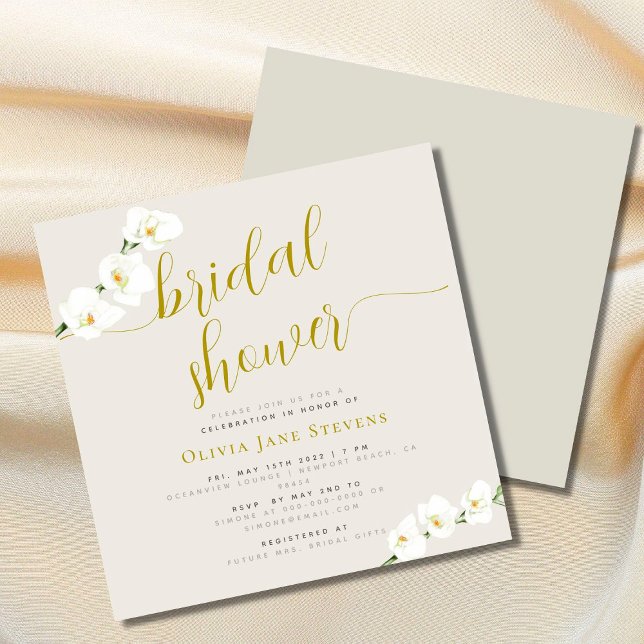 Modern Stylish White Orchid Beige Bridal Shower Invitation (Creator Uploaded)