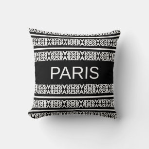 Modern stylish white Paris calligraphy on black Throw Pillow