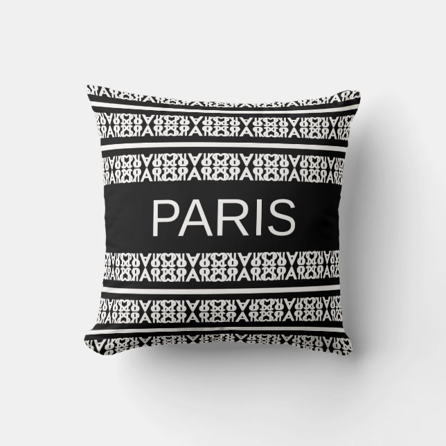 Modern stylish white Paris calligraphy on black Throw Pillow (Front)
