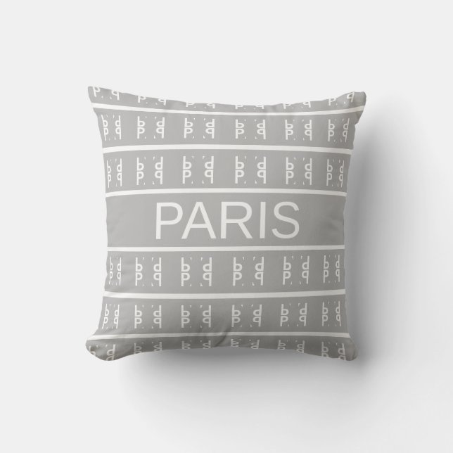 Modern stylish white Paris calligraphy on grey Throw Pillow (Front)