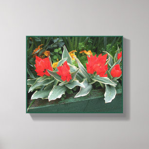 Modern stylish white tulip flowers on teal green canvas print