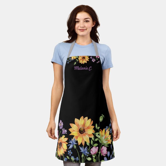 Modern Stylish Wildflower Sunflower Cooking Apron (Worn)