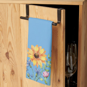 Modern Stylish Wildflowers on Blue Background Kitchen Towel