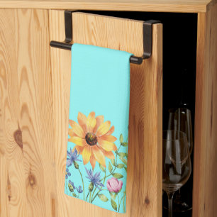 Modern Stylish Wildflowers on Teal Background Kitchen Towel